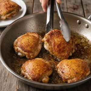 Cosce di pollo rosolate in padella fino alla pelle dorata