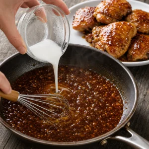 Slurry di amido mescolata nella salsa lucida al miele e aglio