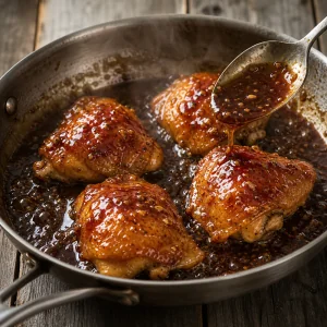 Cosce di pollo rosolate che sobbollono in salsa lucida al miele e aglio