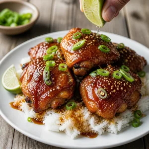 Pollo glassato al miele e aglio su riso con lime, cipollotti e sesamo