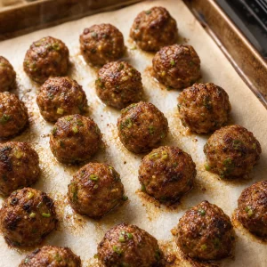 Baked Korean BBQ meatballs with golden-brown exteriors on parchment paper