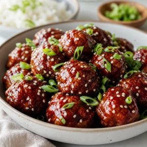 Finished sticky Korean BBQ meatballs topped with sesame seeds and sliced green onions