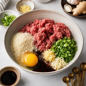 Ground beef, panko, egg, green onions, soy sauce, sesame oil, ginger, and garlic combined in a bowl