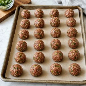 Raw Korean BBQ meatballs rolled and arranged on a parchment-lined baking sheet