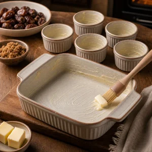 Buttered baking dish and ramekins ready for pudding batter