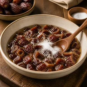 Chopped dates soaking with baking soda in a ceramic bowl