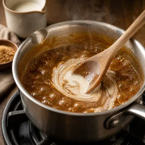 Cream stirred into bubbling brown sugar caramel sauce