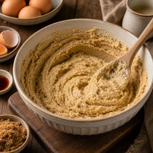 Creamed butter and brown sugar batter in a mixing bowl