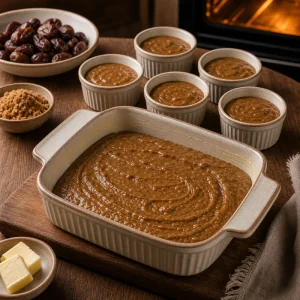 Date pudding batter divided into a baking dish and ramekins