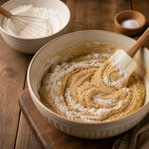Flour folded into the sticky toffee pudding batter