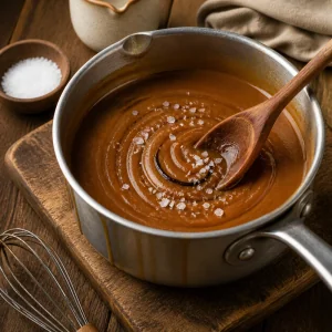 Glossy salted caramel sauce with vanilla and sea salt
