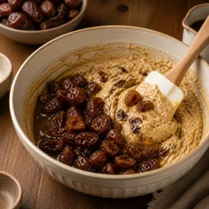 Soaked chopped dates folded into moist pudding batter