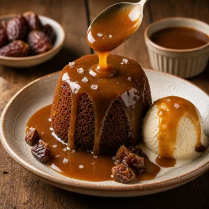 Sticky toffee pudding served with caramel sauce and vanilla ice cream