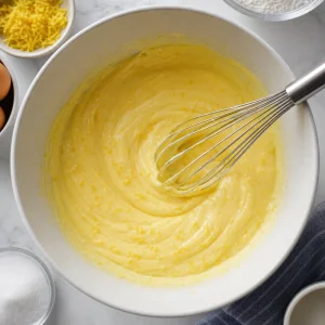 Egg yolks whisked with lemon zest and sugar until pale