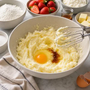 Butter and sugar creamed with egg and vanilla