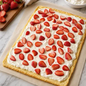 Cottage cheese cream and sliced strawberries spread over cookie sheet
