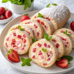 Sliced strawberry cottage cheese cookie roll dusted with powdered sugar