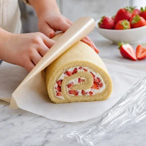 Strawberry cream cookie roll wrapped with parchment