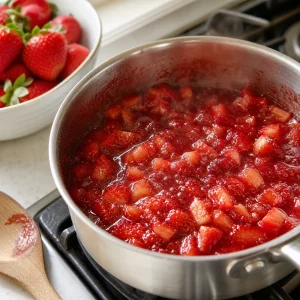 Diced strawberries simmering with strawberry jam into a glossy filling