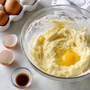 Eggs and vanilla added to the creamed butter mixture for cake batter