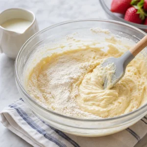 Flour mixture and milk folded into pale vanilla cake batter until just combined