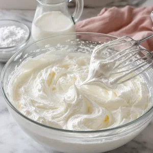 Fresh whipped cream beaten with powdered sugar to stiff peaks