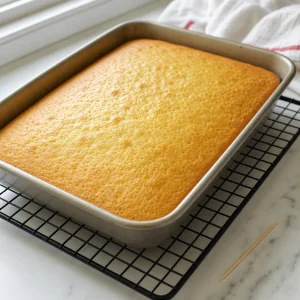 Golden baked vanilla sheet cake cooling in the pan with a clean toothpick nearby