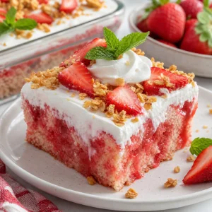 Slice of strawberry crunch poke cake topped with whipped cream, berries, granola, and mint