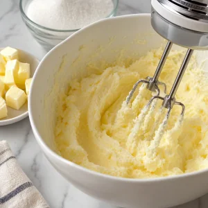 Softened butter and sugar creamed until light and fluffy in a mixing bowl
