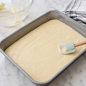 Vanilla cake batter spread evenly in a prepared rectangular baking pan