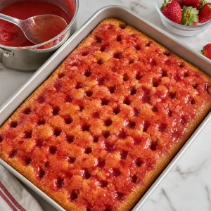 Warm strawberry mixture spread over poked cake and soaking into the holes