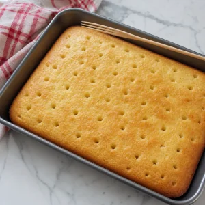 Warm vanilla cake poked with evenly spaced holes for strawberry filling