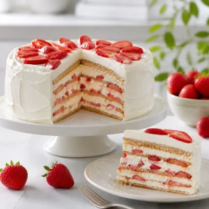Finished strawberry graham icebox cake with a slice on a plate