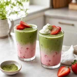 Finished strawberry matcha lattes with garnish