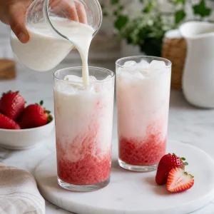 Milk poured over strawberry puree and ice
