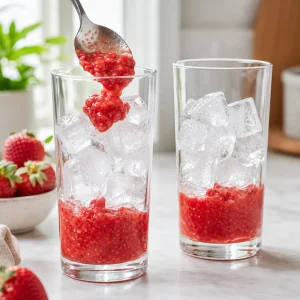Strawberry puree spooned into iced glasses