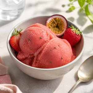 A serving bowl of scoopable strawberry passion fruit sorbet with strawberry and passion fruit garnish.