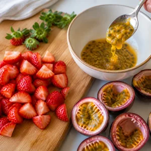 Chopped strawberries and passion fruit pulp with seeds being spooned into a bowl.