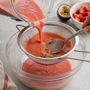 Pink sorbet puree being strained through a fine-mesh sieve into a bowl.