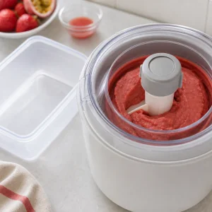 Pink strawberry passion fruit sorbet mixture churning in an ice cream maker.