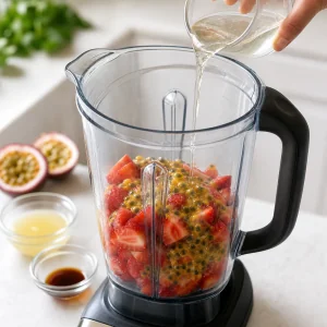 Strawberries, passion fruit pulp, syrup, lemon juice, and vanilla added to a blender jar.