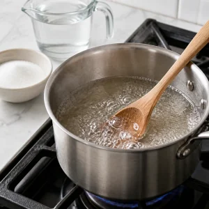 Sugar syrup simmering in a small saucepan with a wooden spoon.