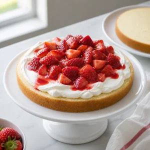 Couche de gateau garnie de creme et de fraises juteuses