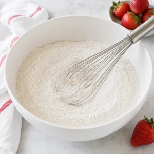Ingredients secs du gateau fouettes dans un bol blanc
