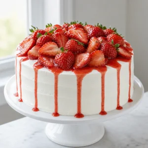 Gateau fini a la creme et aux fraises avec coulis rouge