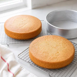 Couches de gateau vanille dorees refroidissant sur des grilles
