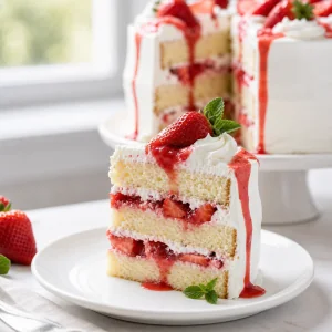 Part de gateau creme fraise avec couches de vanille visibles