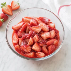 Fraises tranchees brillantes dans leur jus rouge