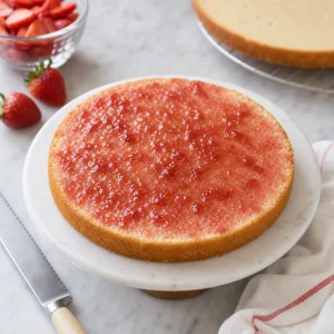 Couche de gateau vanille badigeonnee de confiture de fraise