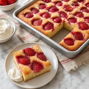 Cooled strawberry sheet cake cut into squares with one serving plated
